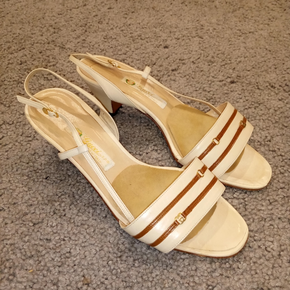Gucci Italy Vintage Gold Logo Leather Slingback Sandals Heels Shoes sz 36.5 - Picture 1 of 7